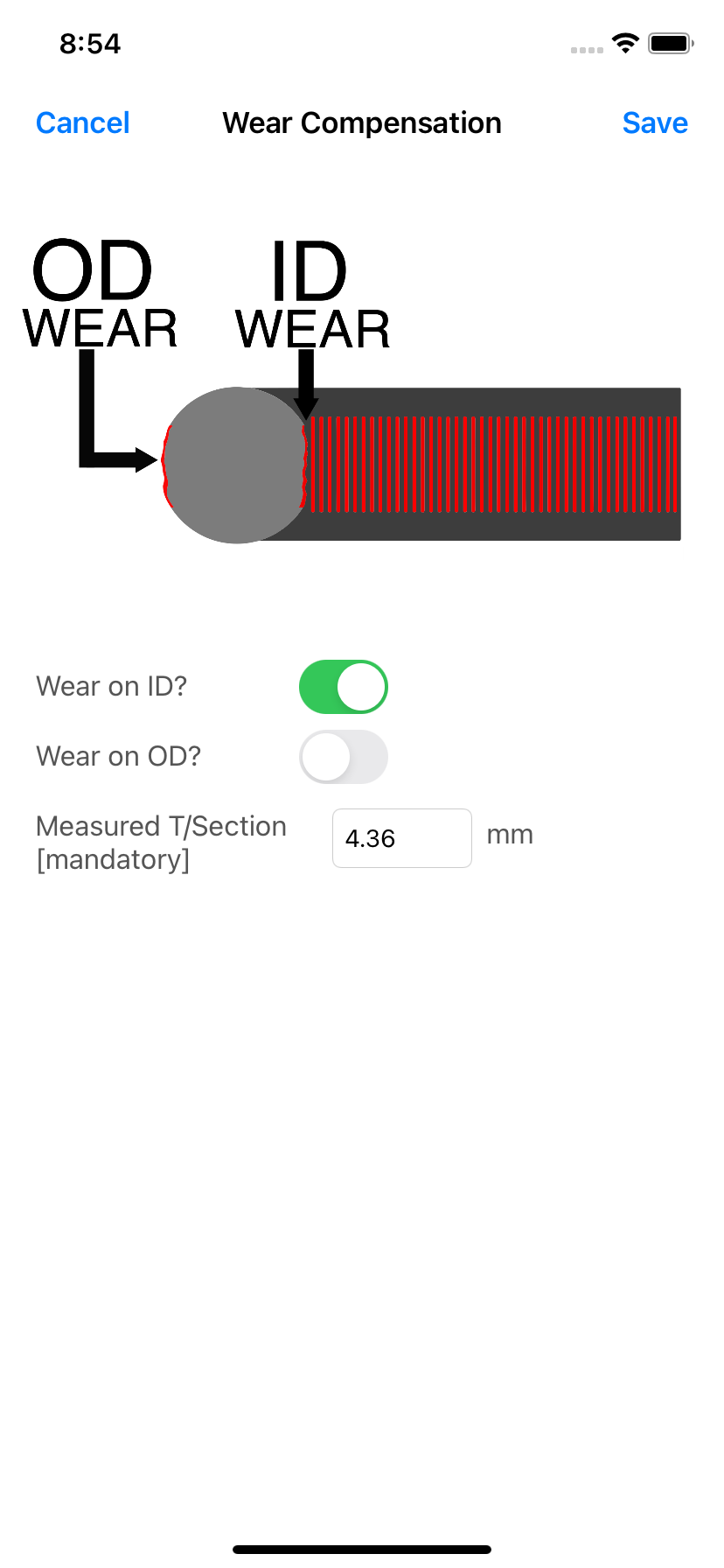 Wear Analysis screen